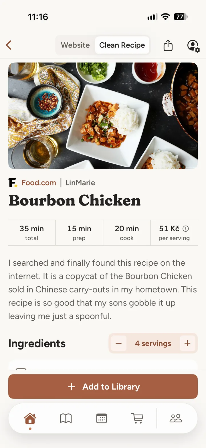 Plumcake showing a Bourbon chicken recipe in its clean recipe view, with times and cost per serving