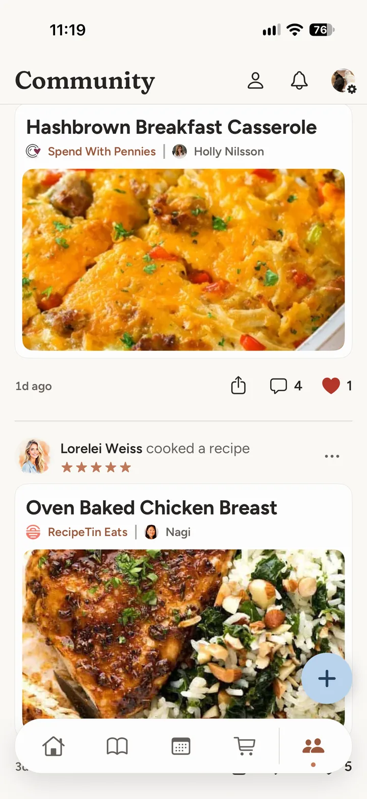The Plumcake community feed with a breakfast casserole and an oven-baked chicken breast