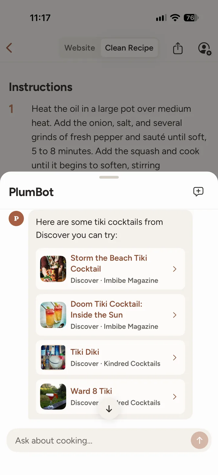 PlumBot, the Plumcake assistant, suggesting tiki cocktail recipes
